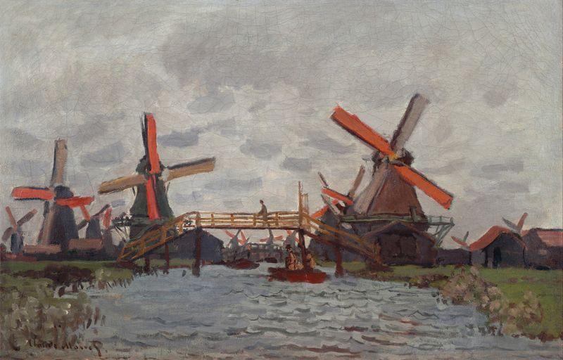Mills at Westzijderveld near Zaandam de Claude Monet, óleo que muestra molinos y un río al amanecer.