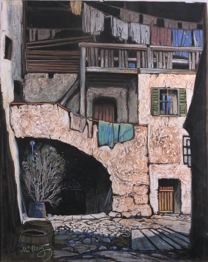 Interior scene with soft light and ochre walls by Oskar Mulley, 1920