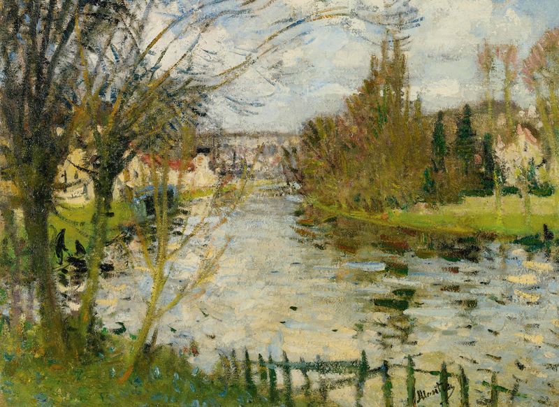 Pintura a óleo impressionista de Pierre-Eugène Montézin retratando uma vila tranquila à beira de um rio