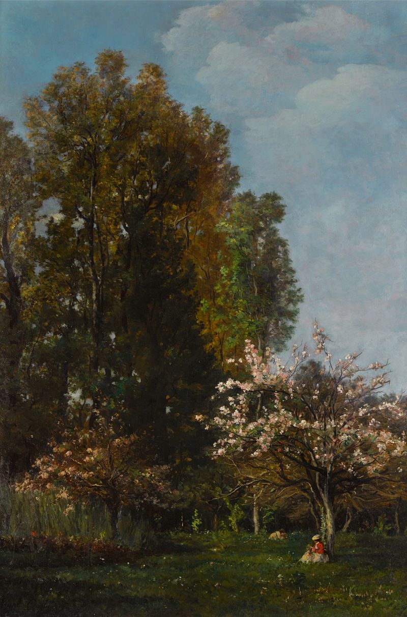 Oil on canvas by Karl Daubigny depicting a figure under a cherry tree in spring.