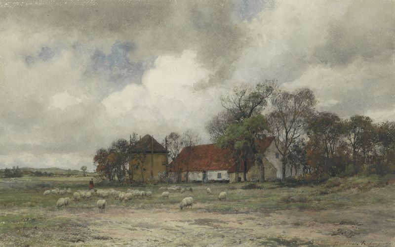 Paisaje con granja y pastor con ovejas, pintura al óleo de Julius Jacobus van de Sande Bakhuyzen