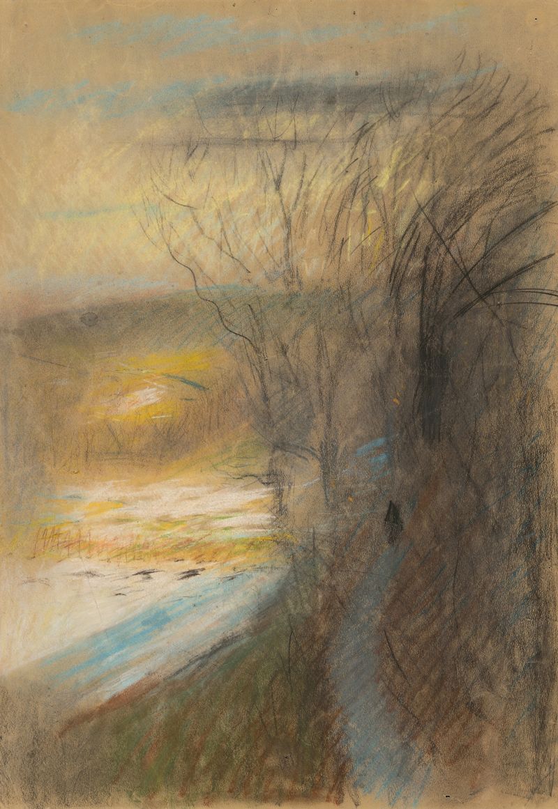 Paisaje de Ladislav Mednyánszky, óleo sobre lienzo que muestra una colina con flores silvestres y nubes.