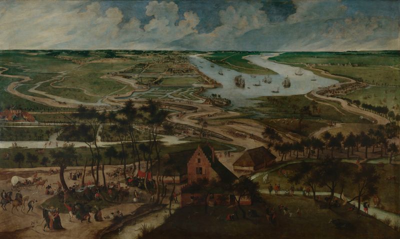 The Eel Huts in the Antwerp Polder by Abel Grimmer, oil painting