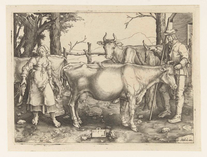 Engraving by Jan Harmensz. Muller depicting a woman pouring milk