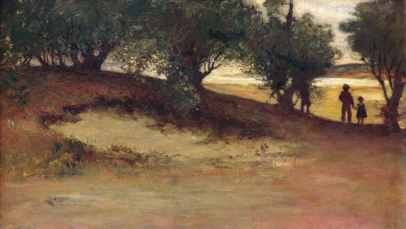 Sand Bank with Willows, Magnolia by William Morris Hunt, oil painting depicting willows over a sandy bank.