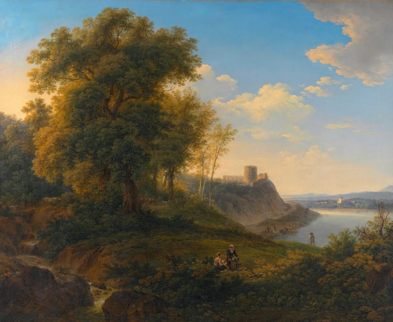 Landschaft an der Donau by Joseph Mössmer, oil on canvas depicting a misty river landscape.