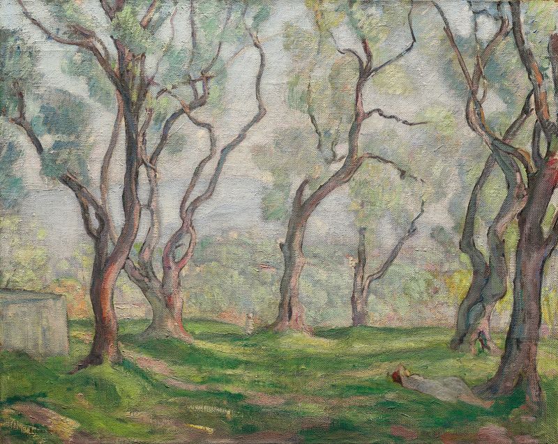 Pintura figurativa a óleo de Henri Lebasque de uma menina dormindo sob as árvores.