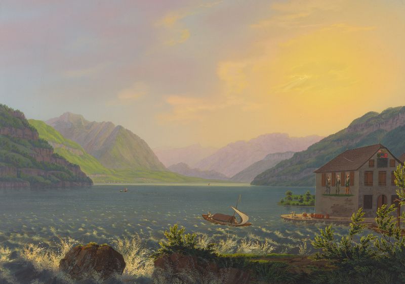 Escena de lago con reflejos, óleo de Johann Heinrich Bleuler the Younger