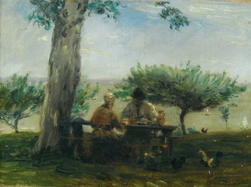 Escena botánica con una mujer cuidando tulipanes, pintura al óleo de Adolphe-Félix Cals