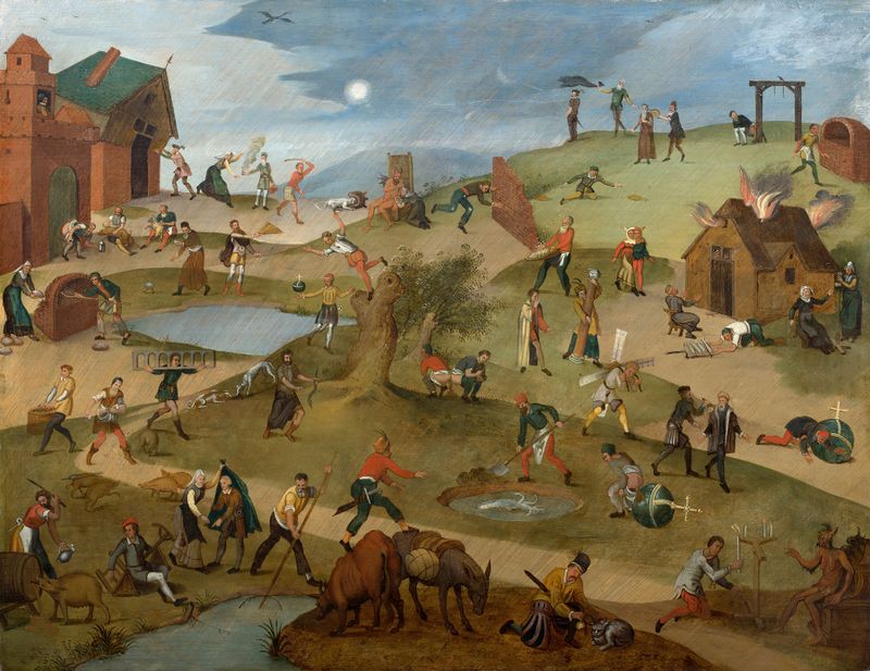 Flemish Proverbs by Abel Grimmer, depicting human figures in a genre scene, oil painting