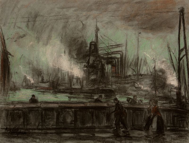 Figurative work by Eugeen Van Mieghem, depicting a worker in a dilapidated setting.