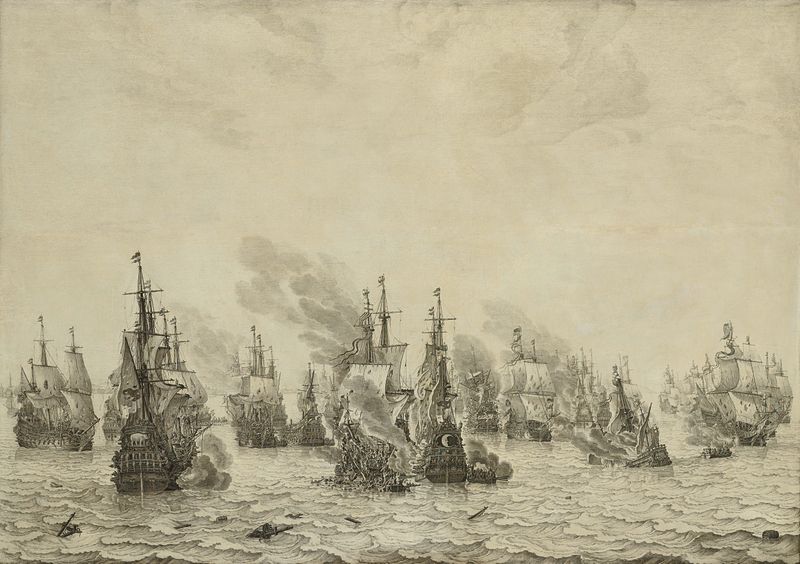 Escena histórica de La Batalla de Livorno de Willem van de Velde, pintura en tinta