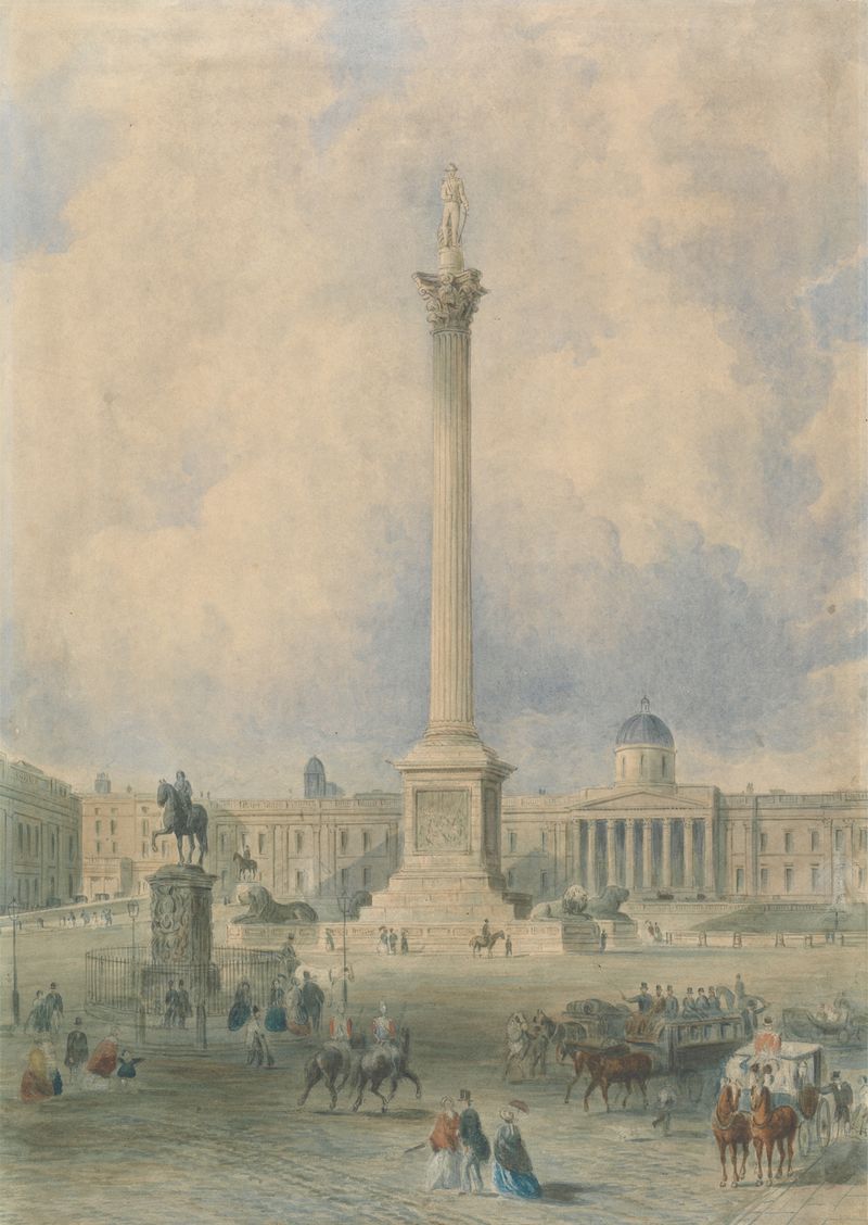 Trafalgar Square by George Hawkins, modernism, depicts a column in an urban setting