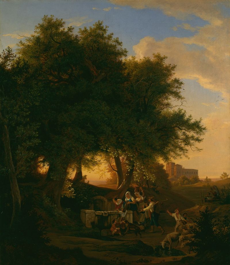 The Fountain at Grottaferrata by Adrian Ludwig Richter, oil painting depicting a tranquil landscape with a fountain.