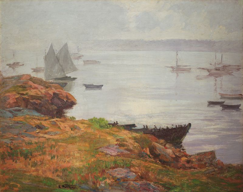 Landscape by Edward Henry Potthast, oil on canvas depicting a serene meadow with vibrant greens and soft light.