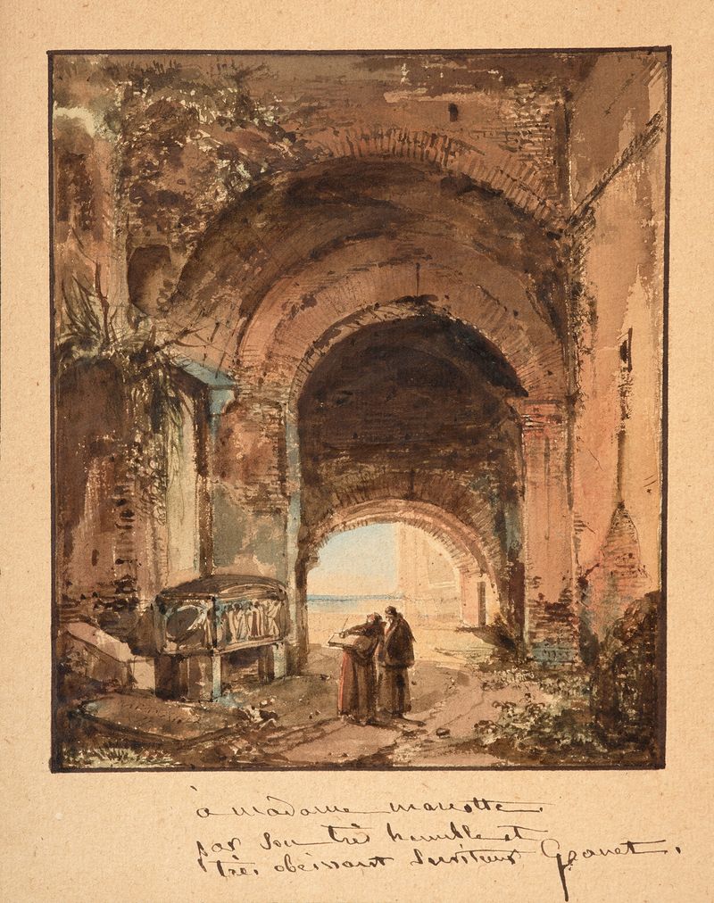 Two monks in muted robes near an ancient tomb under Roman arcades, oil painting by François-Marius Granet