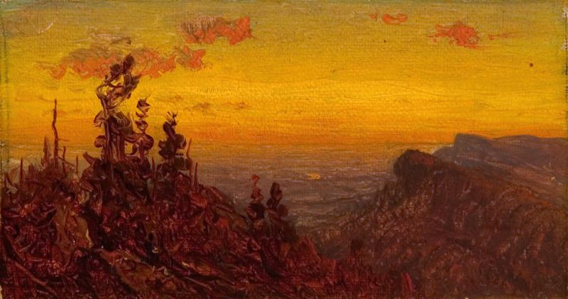 Óleo sobre tela de Sanford Robinson Gifford mostrando montanhas ao crepúsculo