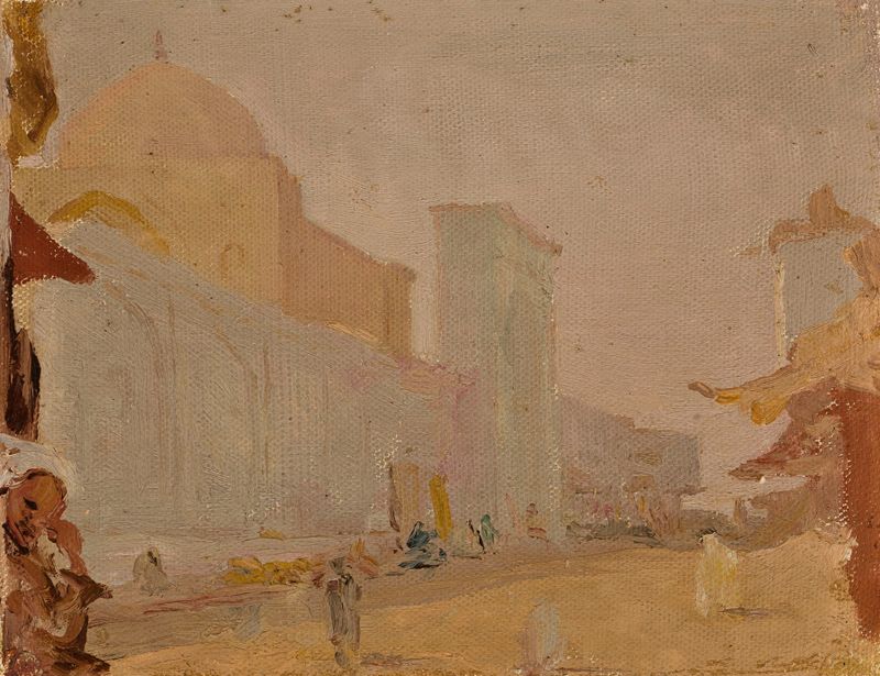 Old Tashkent de Jan Ciągliński, con edificios terracota y cielos azules, pintura al óleo.