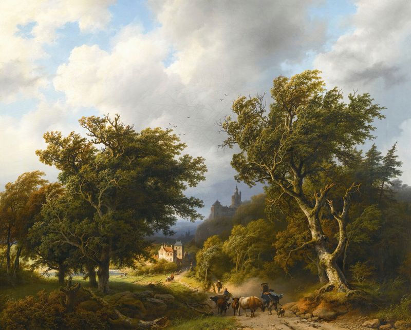 The Gust of Wind by Barend Cornelis Koekkoek, oil painting of trees bending in the wind.