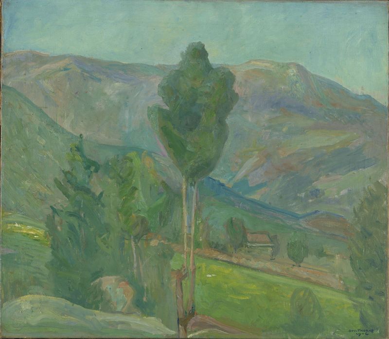 View from Seljord by Oluf Wold-Torne, oil on canvas depicting a tranquil valley and mountains.