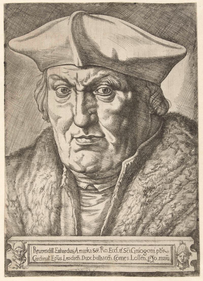 Portret van Erard de la Marck, etching by Jan Cornelisz Vermeyen, depicting a noble figure in ornate garments.