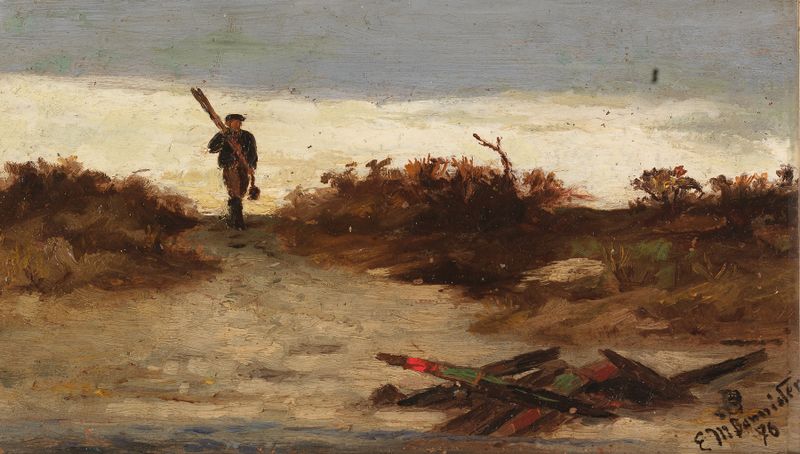 Fisherman by Water, óleo sobre lienzo de Edward Mitchell Bannister, que muestra a un pescador junto a un agua tranquila.