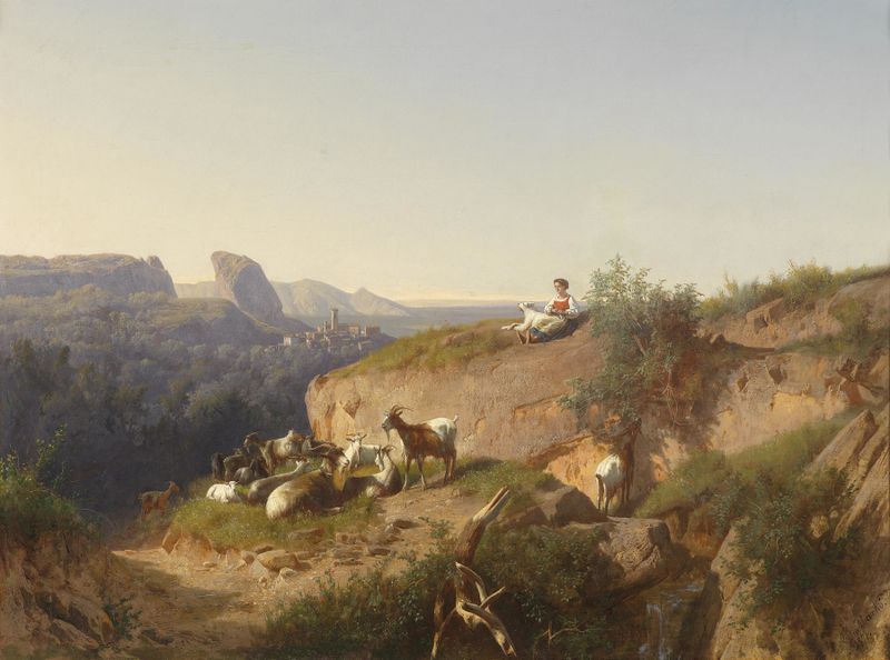 Shepherdess with herd in a landscape, oil on canvas by András Markó