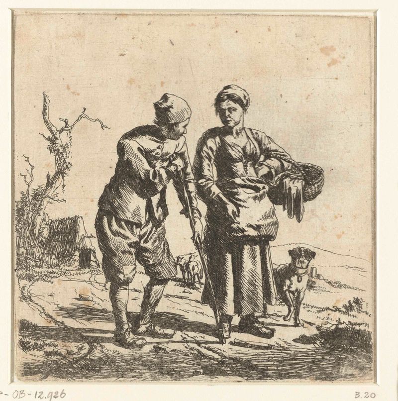 Grabado de Adriaen van de Velde que muestra a un agricultor y una mujer en conversación.