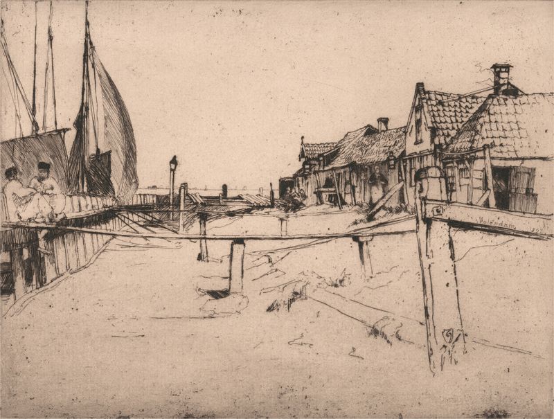 Grabado de Sir Frank Short que muestra barcos en un entorno de puerto tranquilo