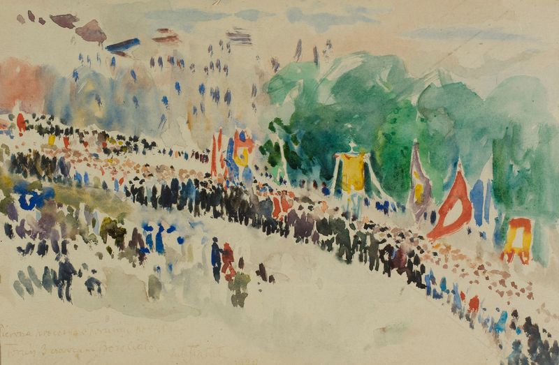 Corpus Christi procession in Toruń by Julian Falat, depicting townsfolk and banners in golden light