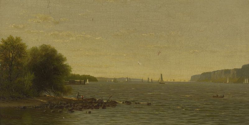 Ao longo do rio Hudson, óleo sobre tela de Richard William Hubbard, retratando uma paisagem serena do rio.