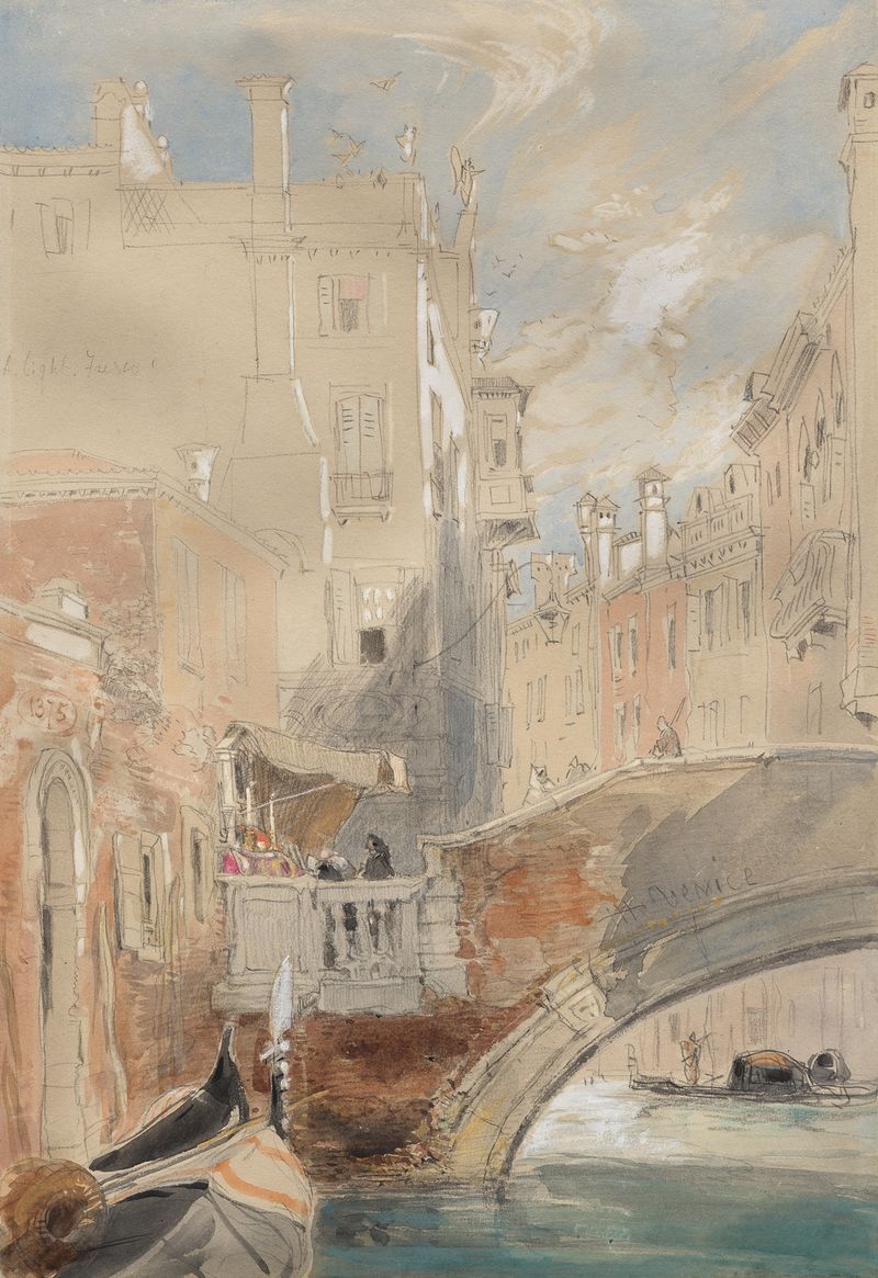 A Canal, Venice by James Holland, oil on canvas depicting a tranquil canal with reflections