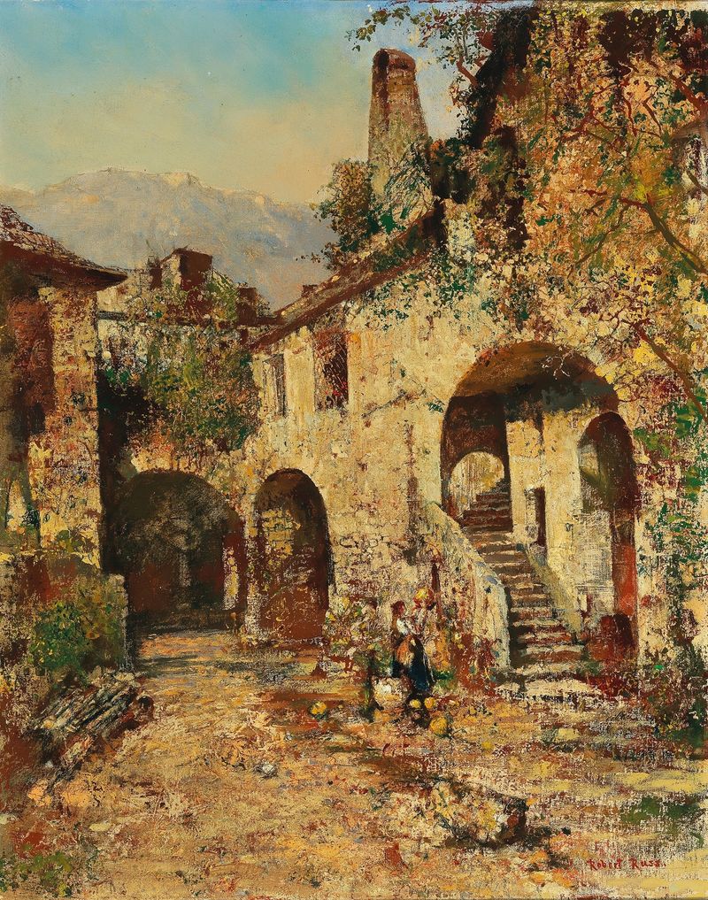 Pintura a óleo de paisagem por Robert Russ mostrando uma fazenda tranquila na natureza