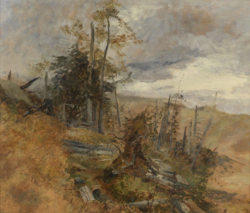 Windbruch de Marie Egner, pintura a óleo que retrata uma floresta exuberante com galhos caídos.