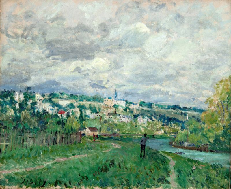 The Seine near St-Cloud de Alfred Sisley, óleo que muestra un paisaje tranquilo con agua brillante.