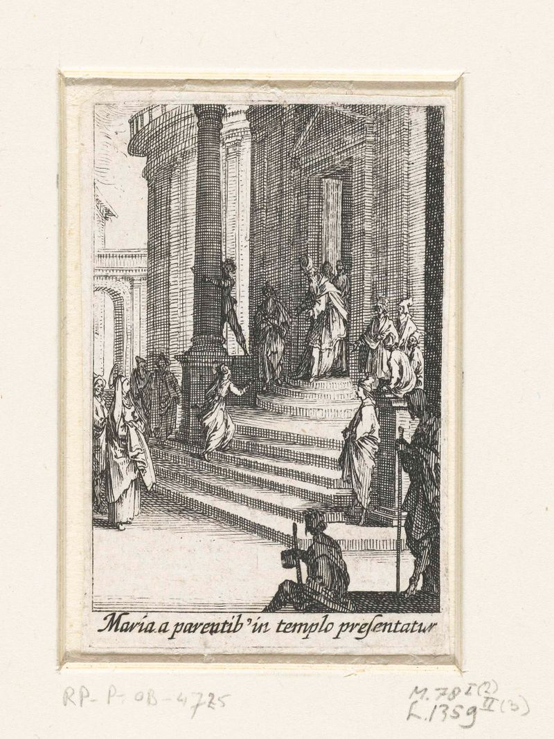 Grabado de Jacques Callot que representa a María en un templo con luz divina.