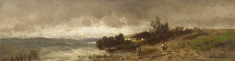 Aufziehendes Gewitter de Anton Windmaier, pintura a óleo que retrata uma paisagem tempestuosa.
