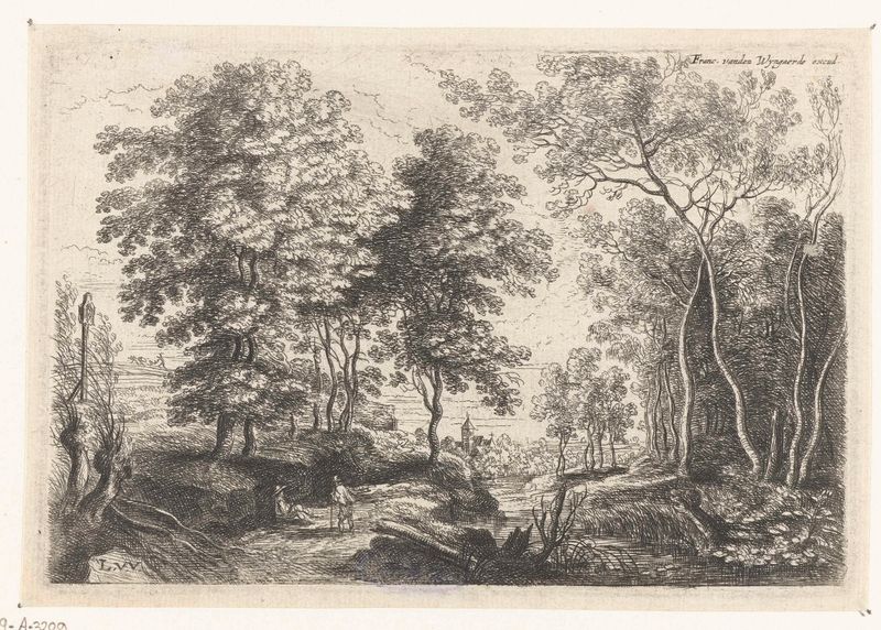 Landschap met een beek door een bos, etching by Lucas van Uden depicting a serene forest scene.