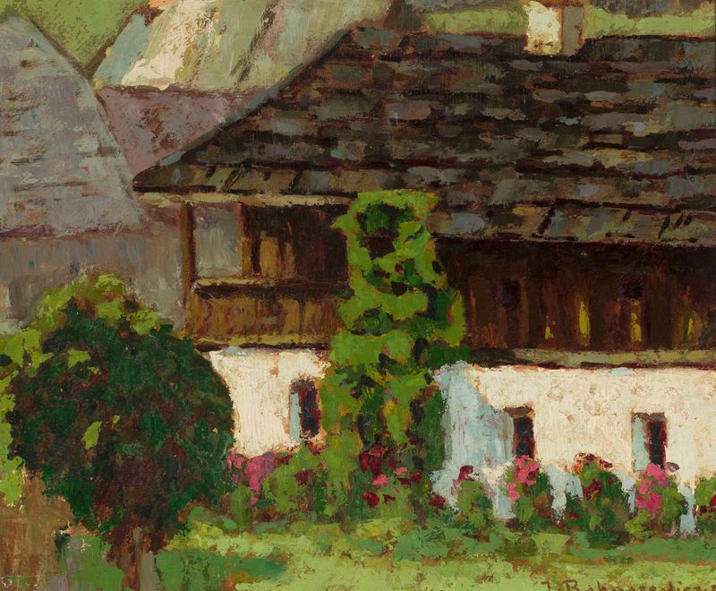 Old house with a porch, oil on canvas by Jan Bohuszewicz