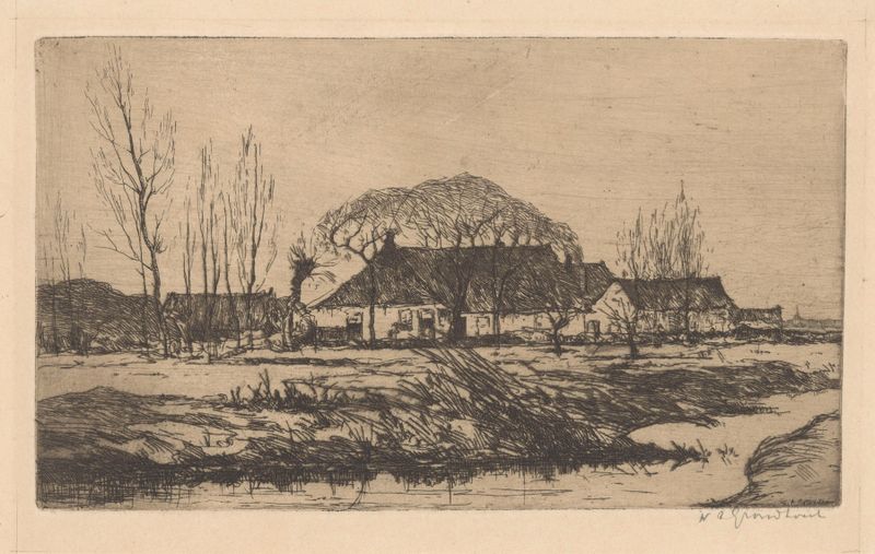 Paisaje con una granja junto a un canal, pintura al óleo de Willem Adrianus Grondhout.