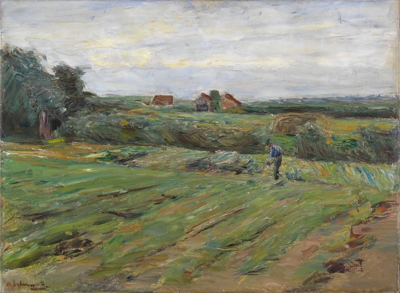 Erntefeld de Max Liebermann, escena de género que muestra trabajadores en un campo de trigo, pintura al óleo