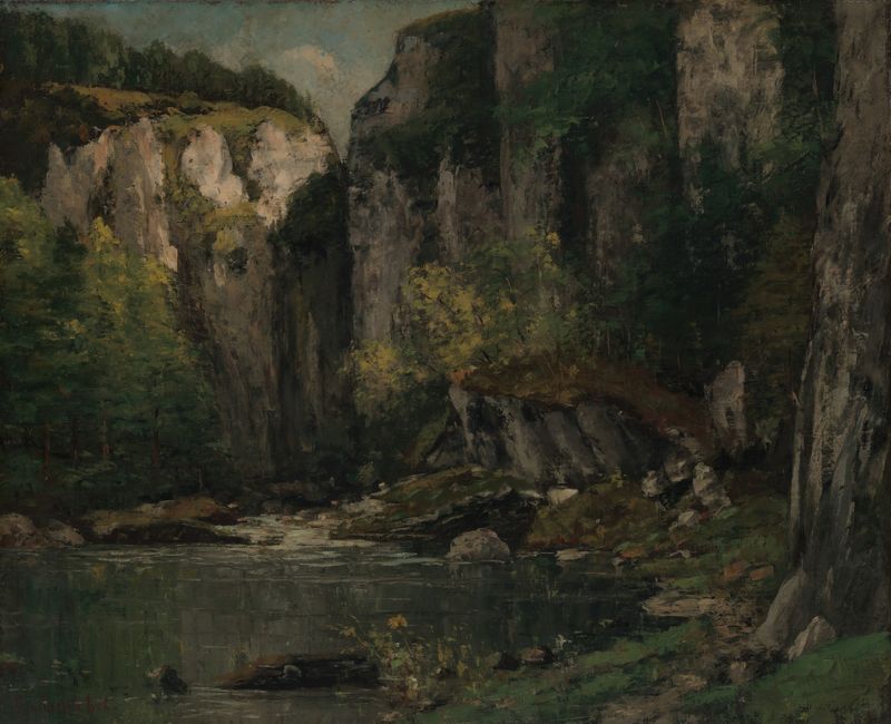 River and Rocks de Gustave Courbet, óleo sobre lienzo que muestra un río fluido y rocas