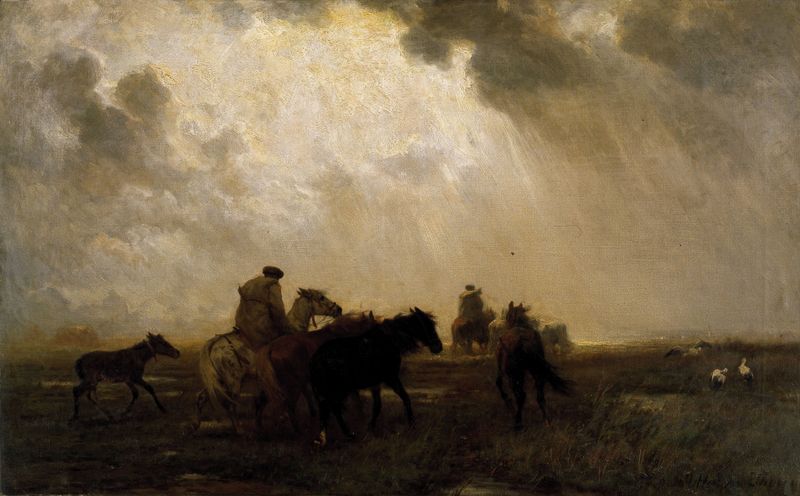 Horse Drivers in Hungary de Otto von Thoren, retratando condutores de cavalos em uma paisagem dinâmica, pintura a óleo.