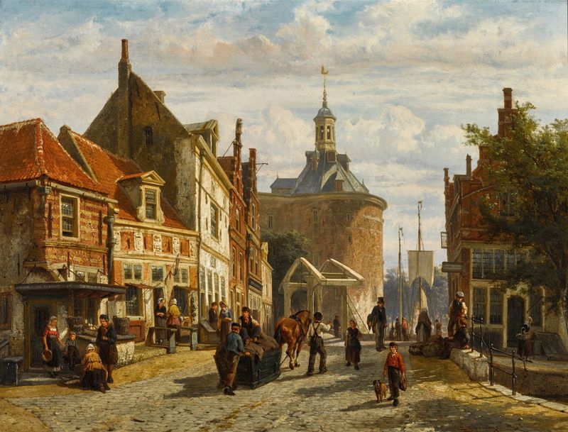 The Zuiderspui with the Drommedaris, Enkhuizen de Cornelis Springer, pintura a óleo