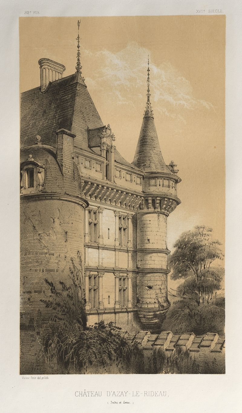 Château D’Azay-Le-Rideau by Victor Petit, oil painting featuring reflections in a pond.