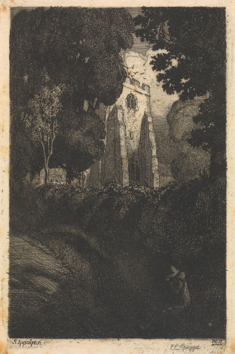 Gravura de Frederick Landseer Maur Griggs representando uma paisagem florestal tranquila.