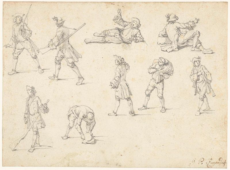 Drawing on paper by Georg Philipp Rugendas (I) featuring nine figures in elegant poses.