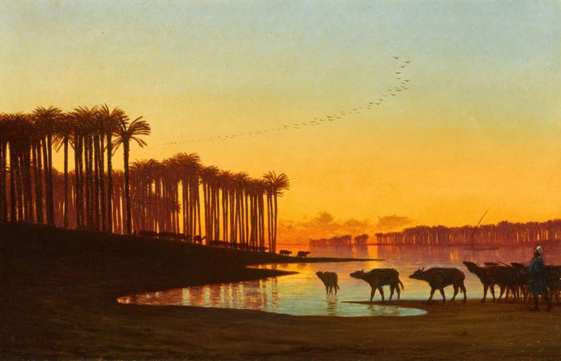 Dawn on the Nile by Charles Théodore Frère, oil on canvas depicting a serene sunrise over the Nile.