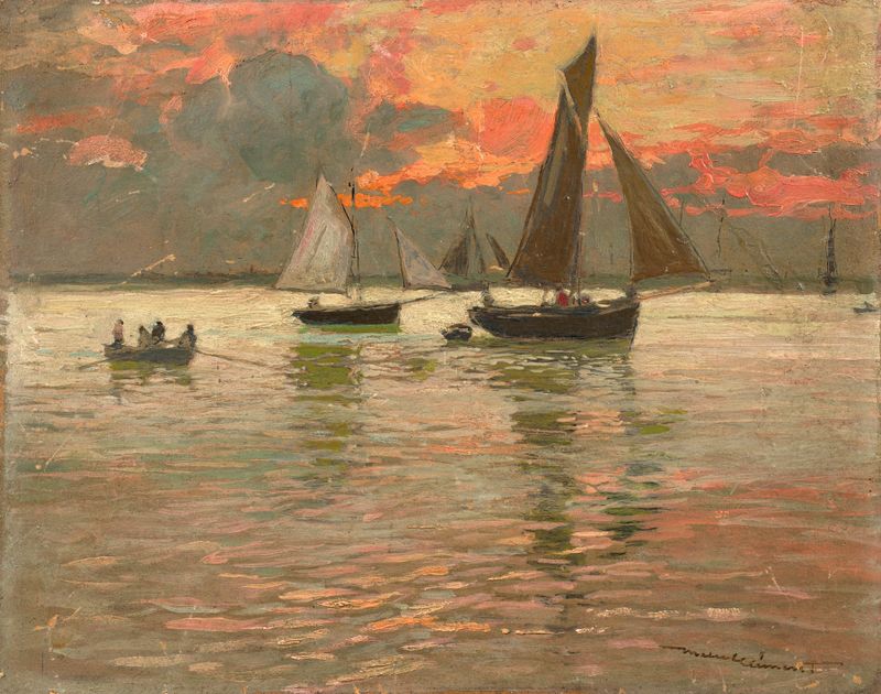 Landscape with a vibrant red sky, oil painting by Amédée-Julien Marcel-Clément
