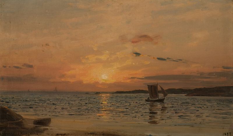 Paisagem impressionista de Amaldus Nielsen, retratando um pôr do sol sobre a água.